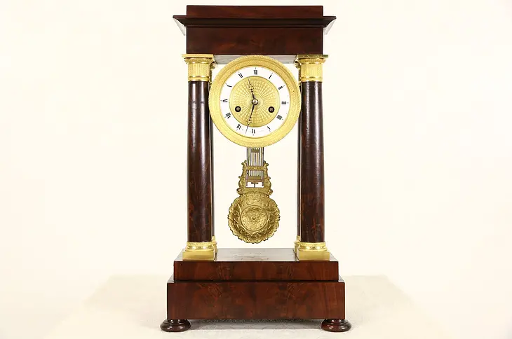 French 1820 Antique Mahogany & Gilt Bronze Pillar Mantel Clock