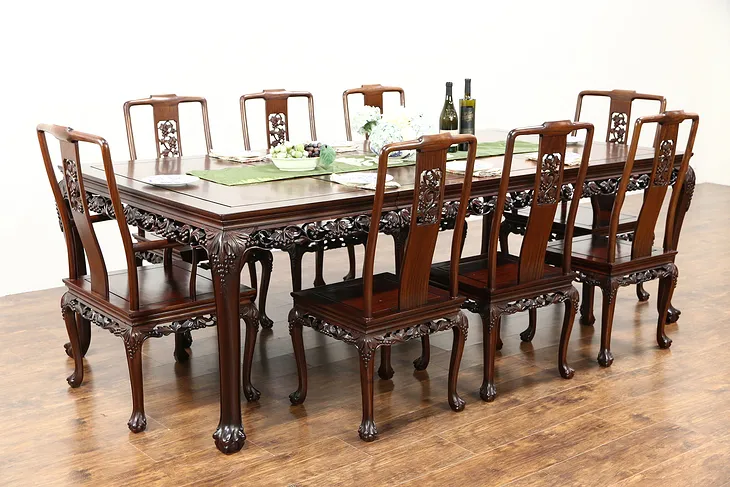 Chinese Rosewood Vintage Dining Set, Table, 8 Chairs, Hand Carved Grapevine