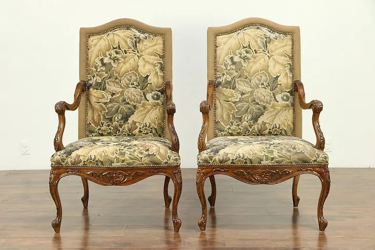 Pair of Vintage Traditional Tapestry Chairs, Carved Fruitwood  #30659