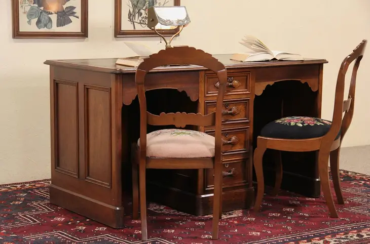 Victorian Carved Walnut 1870's Antique Partner Desk for 2