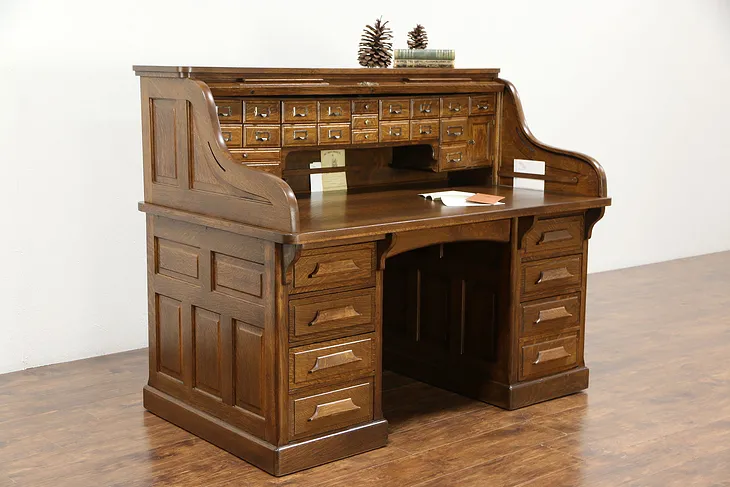 Raised Panel 1900 Antique Quarter Sawn Oak S Roll Top Desk, Signed Gunn
