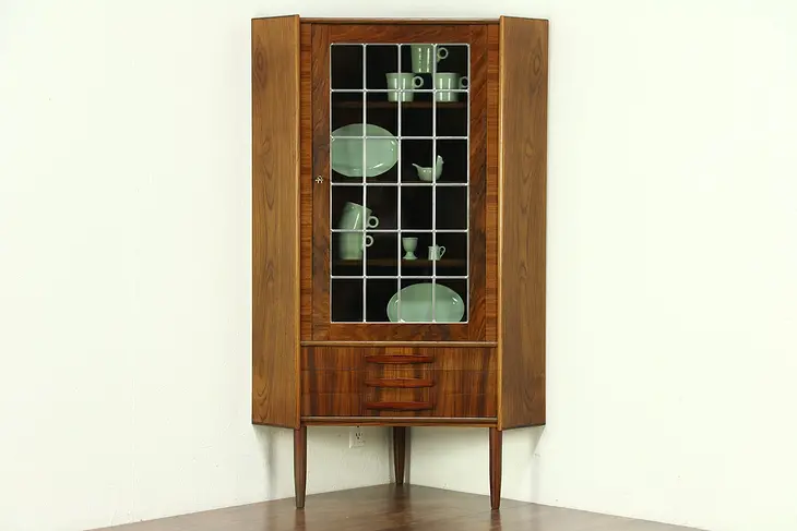 Midcentury Modern 60's Vintage Rosewood Corner Cabinet, Leaded Glass #28816