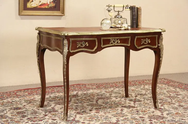 French Louis XV Style Vintage Rosewood Writing Desk, Leather & Brass Mounts