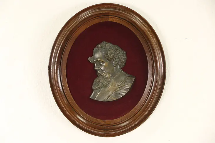 Charles Dickens Bust, Antique 1870's Bronze Plaque, Walnut Frame