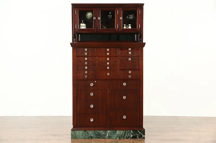 Dentist Cabinet Signed Mahogany Dental Antique, Jewelry or Collector Marble Base