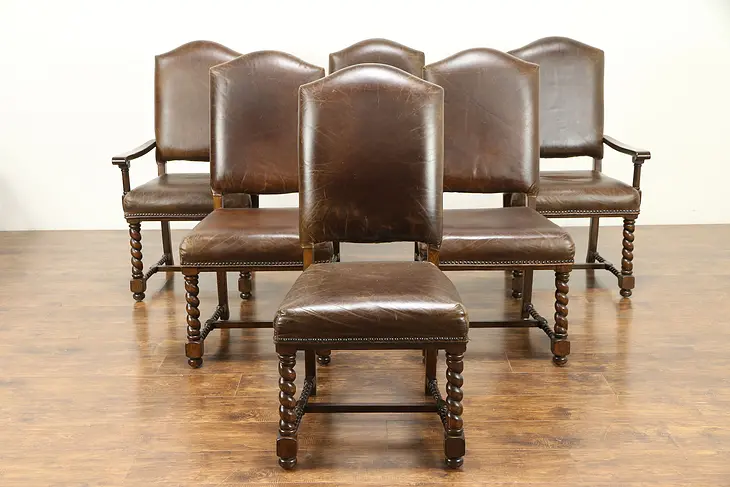 Set of 6 Large Oak & Leather Dining Chairs, Outlook 2002 #30962