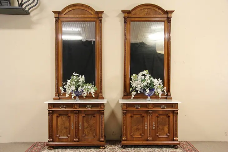 Pair of Austrian 1890 Antique Console Cabinets with Marble Tops & Mirrors, 9' 8"