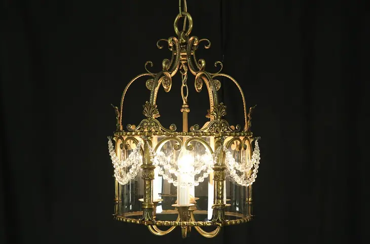Hall Lantern Chandelier, 1940's Vintage Brass & Curved Glass Light Fixture