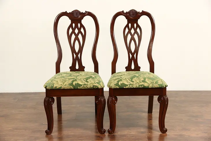Pair Carved Traditional Mahogany Side Chairs, New Upholstery