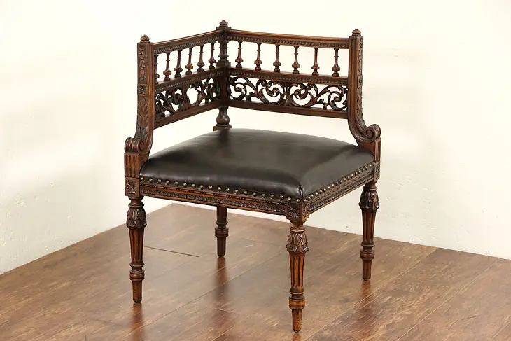 Italian Carved Walnut 1880 Antique Corner Chair, Leather Seat