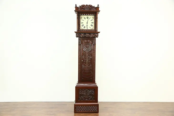 Mahogany Vintage Long Case Grandfather Clock, Carved Angel, Nut & Fruit Motifs