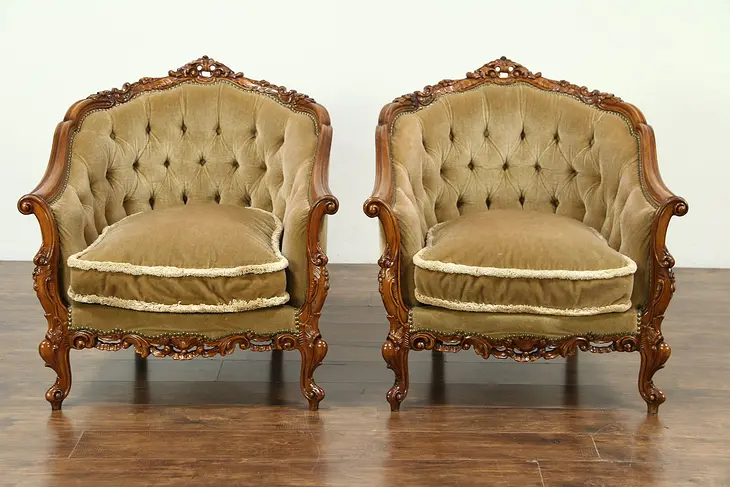 Pair Carved 1940 Vintage Mohair Tufted Chairs, Down Cushions, Scandinavia #28784
