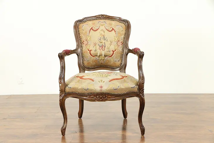 French 1920 Antique Carved Chair, Needlepoint & Petit Point Upholstery #31226