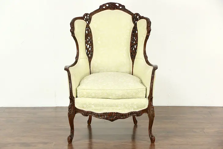 Carved 1940's Vintage Music & Lady Heads Motif Chair, Down Cushion