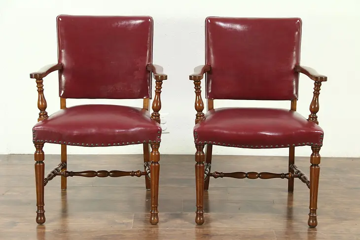 Pair of Carved Antique Walnut Office or Library Chairs, Burgundy Faux Leather