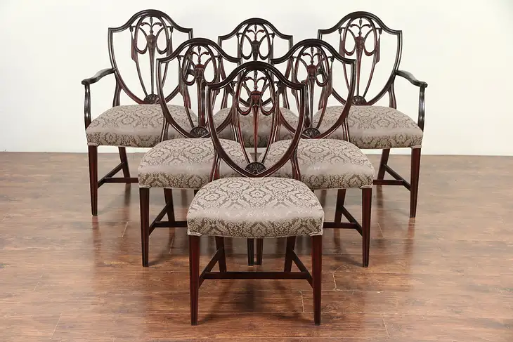 Set of 6 Vintage Shield Back Mahogany Dining Chairs, New Upholstery  #29752