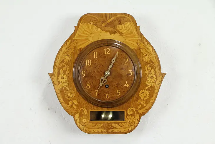 Swedish Vintage Wall Clock, Bird Marquetry, Signed Mjolby Intarsia