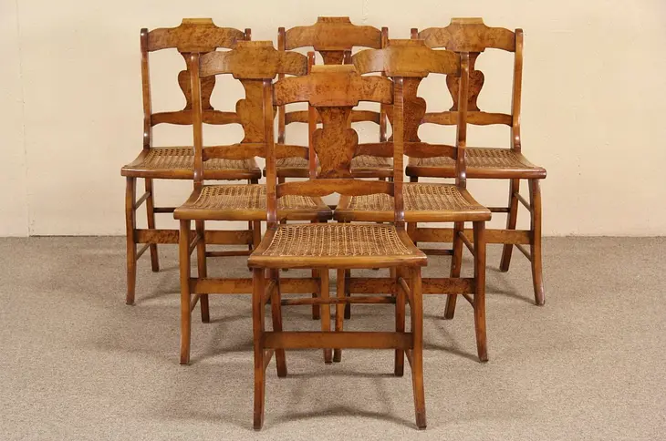Set of 6 New England 1830 Antique Curly Birdseye Maple Caned Dining Chairs