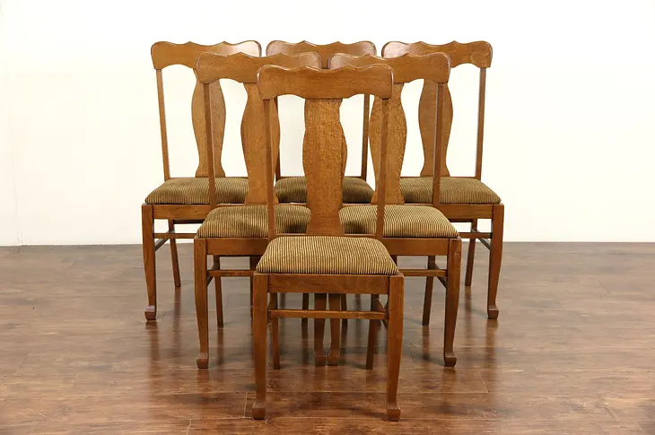 Set of Six Oak 1900 Antique Dining Chairs, New Upholstery
