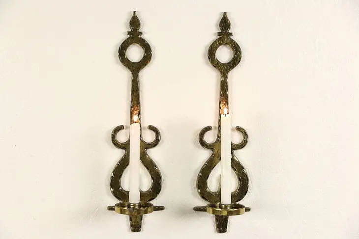 Pair of Vintage Hammered Dark Gold Wall Sconces or Candle Holders