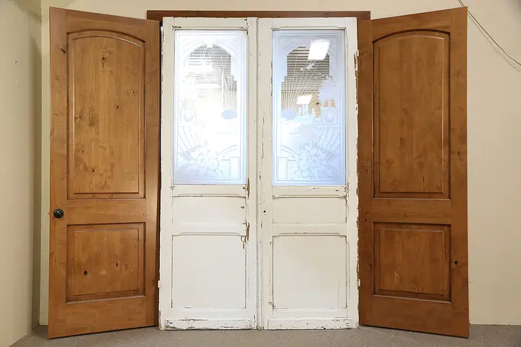 Architectural Salvage Pair Antique 98" Doors, Etched Glass w/ Birds, Belgium
