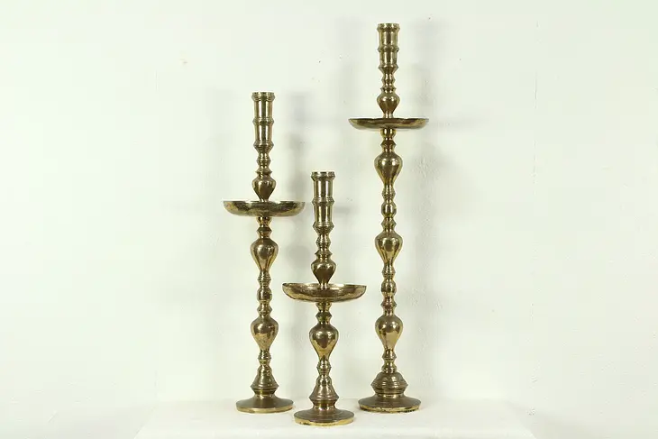 Set of 3 Giant Brass Vintage; Pillar Candlesticks, 30" to 47", Thailand #28640