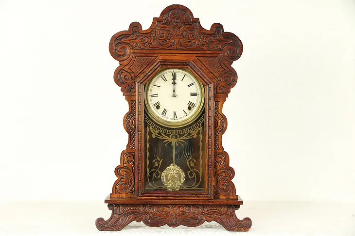 Victorian 1900 Antique Press Carved Oak Shelf or Mantel Clock #29412