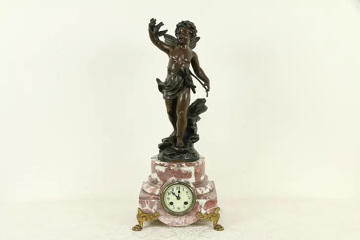 French Antique Marble Mantel Clock, Hunt Cherub Statue, Marti #31743