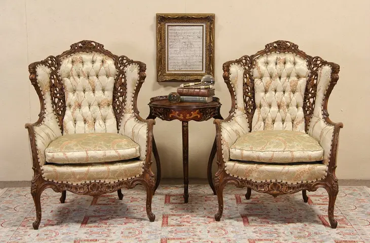 French Style Pair of 1940's Vintage Music Room Wing Chairs
