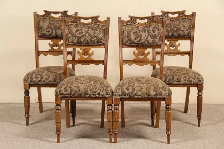 Set of 4 Antique 1900 Oak Art Nouveau Dining or Game Table Chairs
