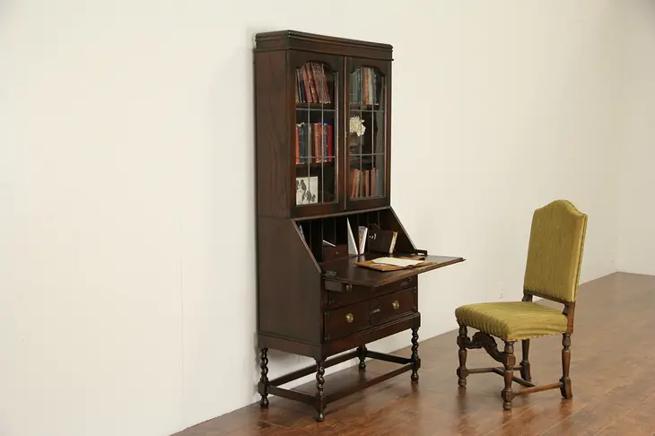 Oak English 1910 Antique Secretary Desk, Leaded Glass Bookcase Top