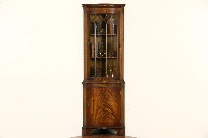 English Vintage Mahogany Corner Cabinet, Oval Flame Panel Signed Reprodux
