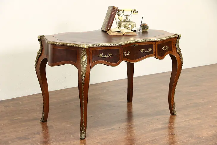 French Louis XIV Style Writing Desk, Banded Mahogany, Brass Mounts, Leather Top