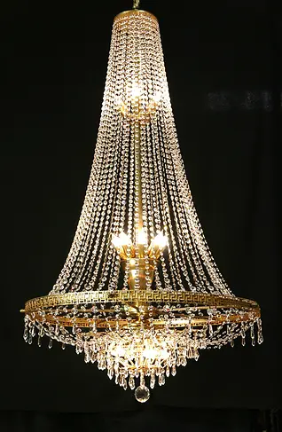 Chandelier, Vintage Austrian Cut Crystal Prims, 68" Tall Gold Frame