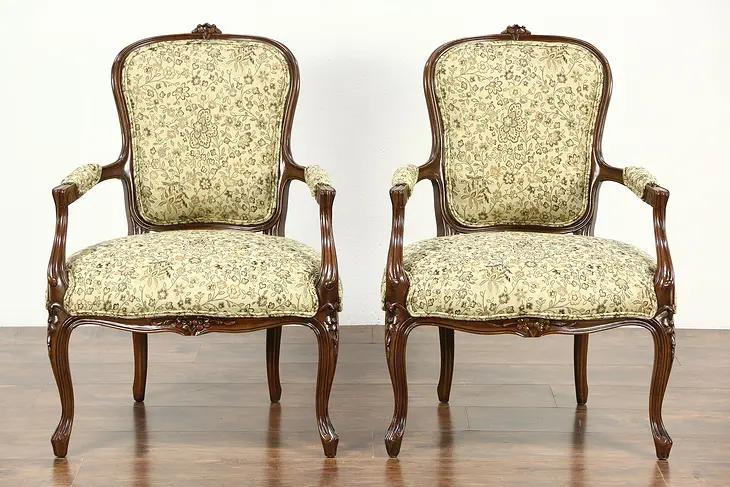 Pair French Style Carved Fruitwood Chairs, New Upholstery