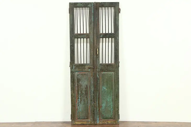 India Antique Architectural Salvage Pair 14" Green Doors, Iron Bars Wine Cellar