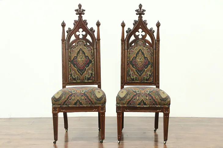 Victorian Gothic Pair of Antique 1850's Rosewood Chairs, New Upholstery #28661