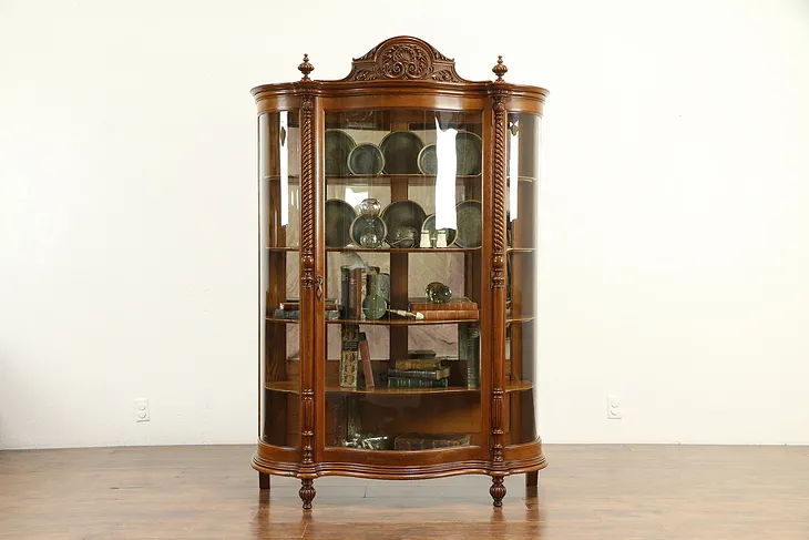 Victorian Carved Oak Antique 1900 Curved Glass China or Curio Cabinet #31573