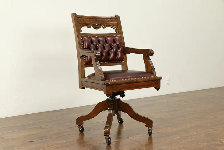 Victorian Eastlake Antique Swivel Adjustable Desk Chair, Leather #31729