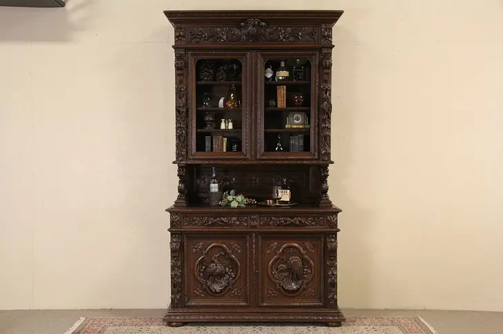 Black Forest 1880 Antique Carved Oak Bookcase Display Cabinet