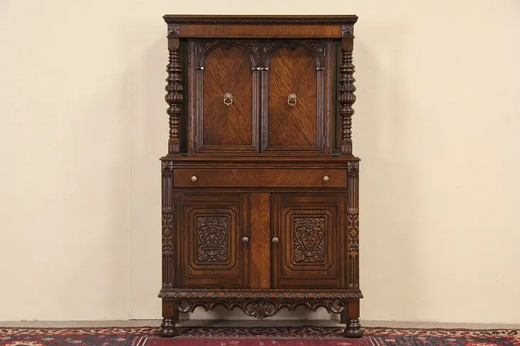 Oak English Tudor 1920's Carved Oak China Cabinet