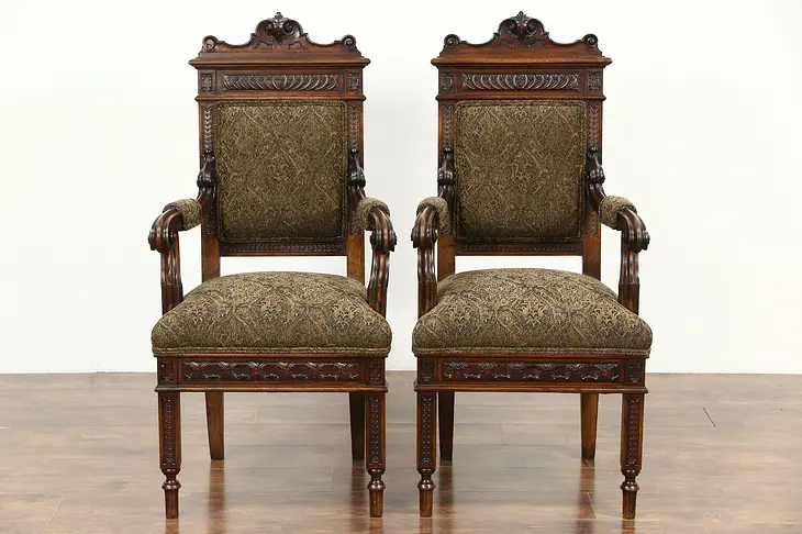Pair of Italian Carved Antique Hall or Library Chairs, New Upholstery