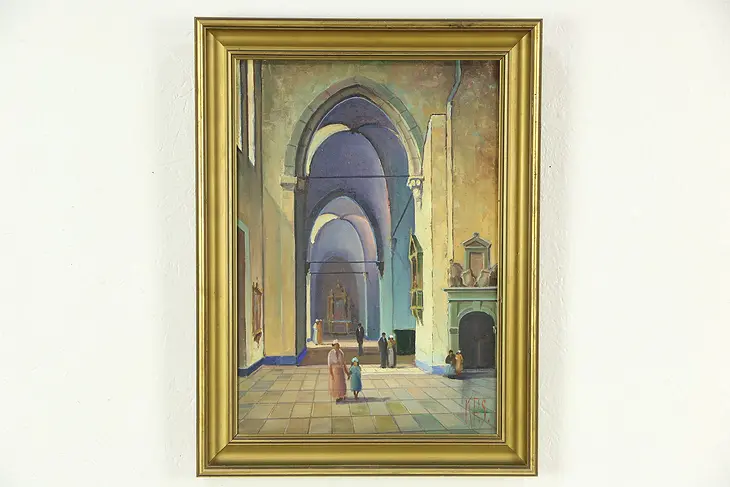 Gothic Church Cathedral Interior Original Scandinavian Oil Painting, Signed KPS