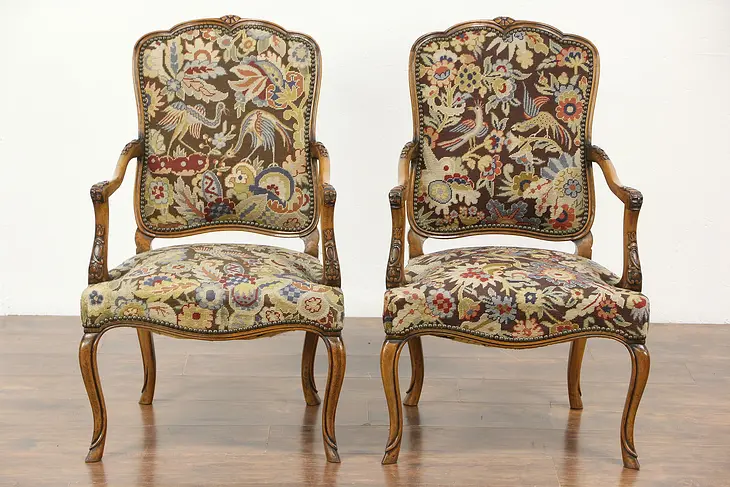 Pair of Carved Antique Scandinavian Chairs, Needlepoint & Petit Point Upholstery