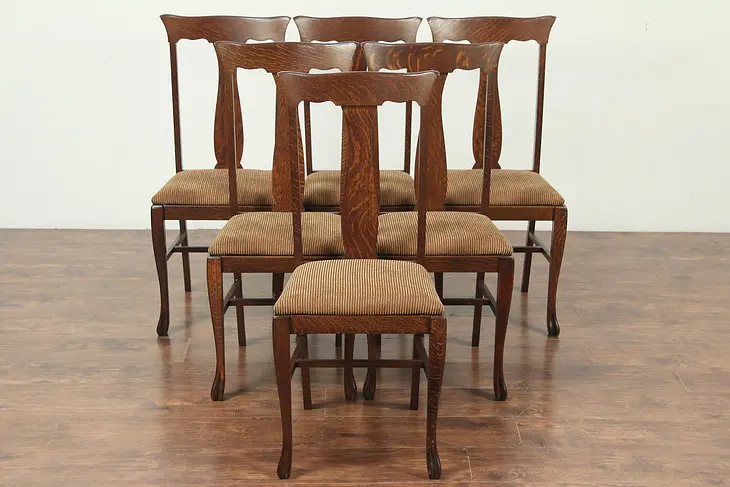 Set of 6 Quartersawn Oak Antique Dining Chairs, New Upholstery #29168