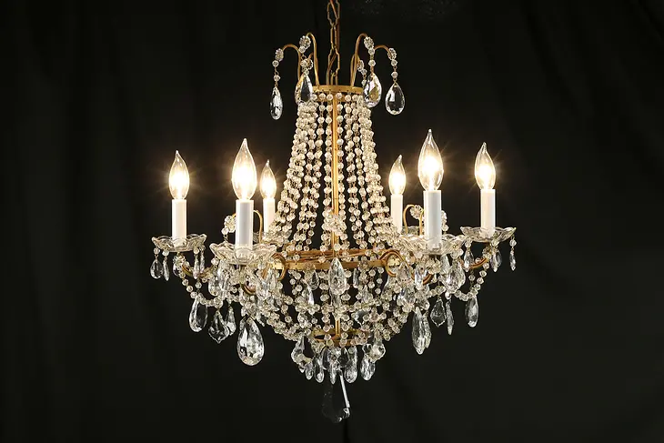 Regency Style vintage Chandelier, 6 Candles, Cut Crystal Prisms #30791