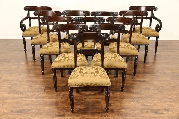 Set of 12  Carved Empire Style Vintage Dining Chairs, New Upholstery