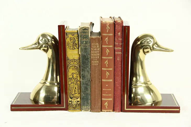 Pair of Vintage Duck Bookends, Brass & Rosewood