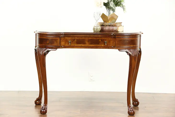 Georgian Style Carved Walnut 1910 Antique Hall Console Table, Marquetry Banding
