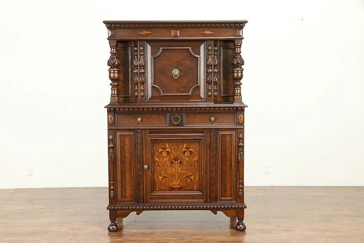 English Tudor Style Antique China or Bar Cabinet, Marquetry Panel #30950